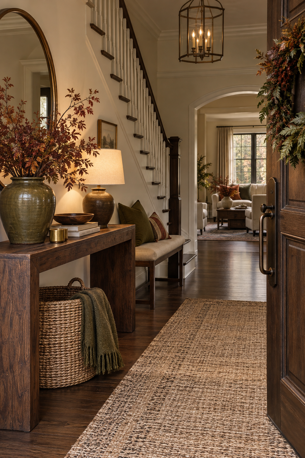 Olive green and dark wood autumn entryway