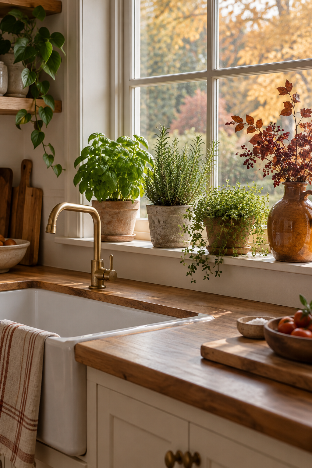 Herbs and pottery on autumn windowsill