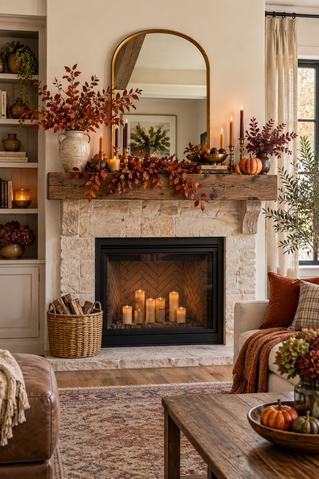 Colorful fall mantel in persimmon and plum