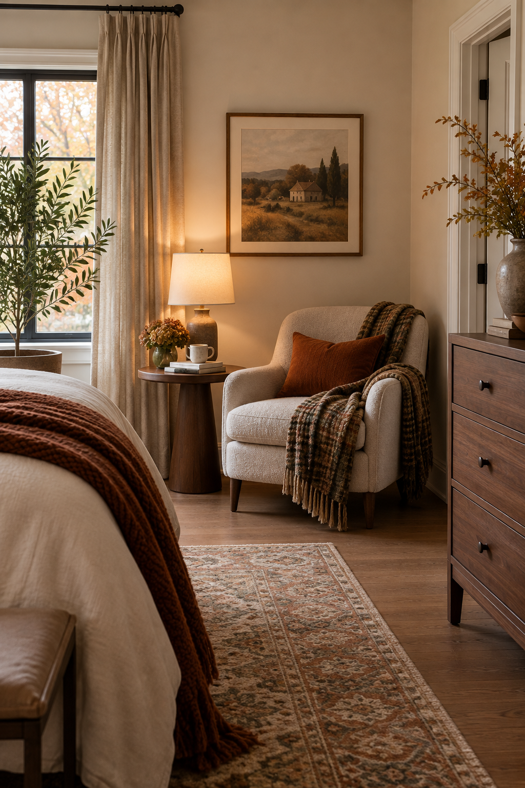 Cozy reading nook in a fall bedroom