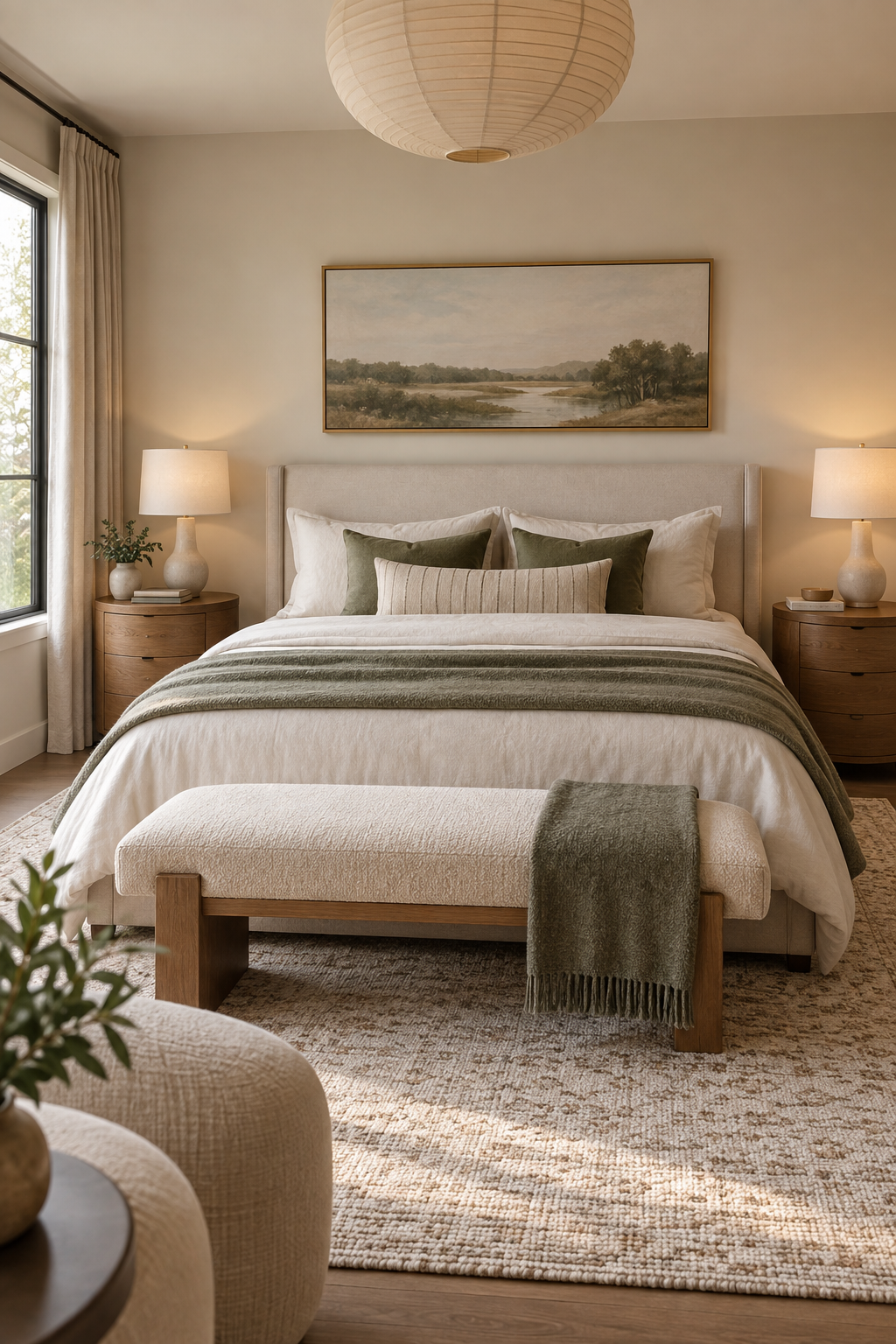 Use Rounded Nightstands beside a Straight Bed