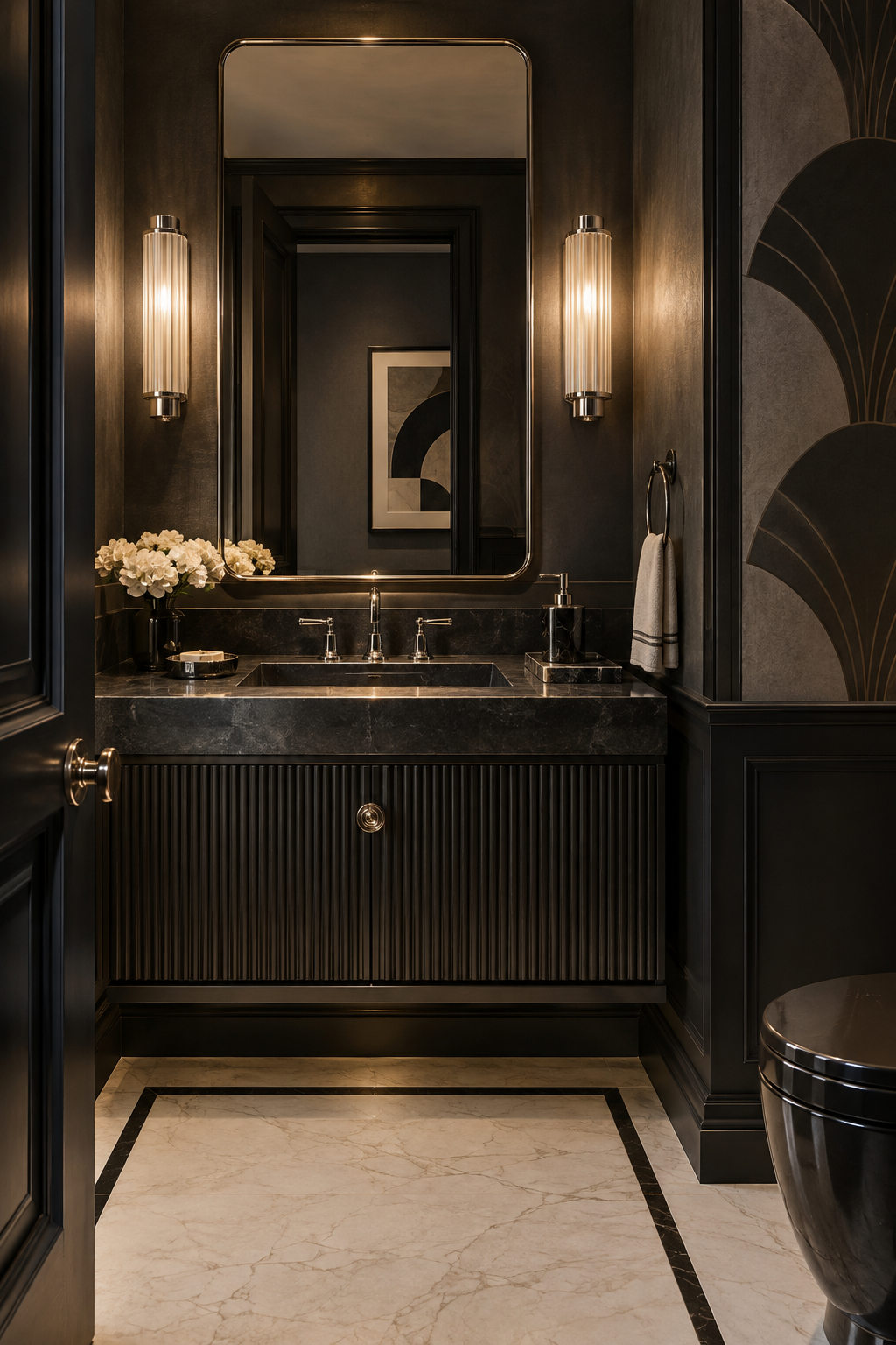 Dark Neo Deco powder room with fluted glass sconces, chrome fixtures and fan-pattern walls
