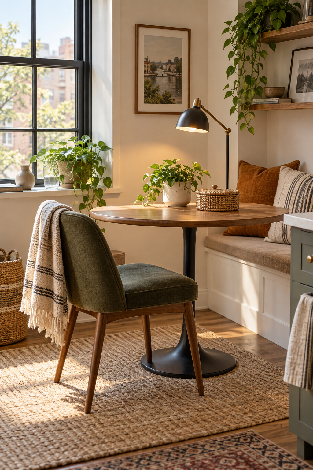A small dining nook doubling as a comfortable home workspace