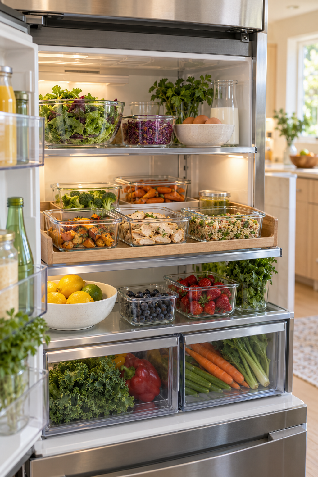 Use Shallow Trays for Leftovers in a clean organized refrigerator