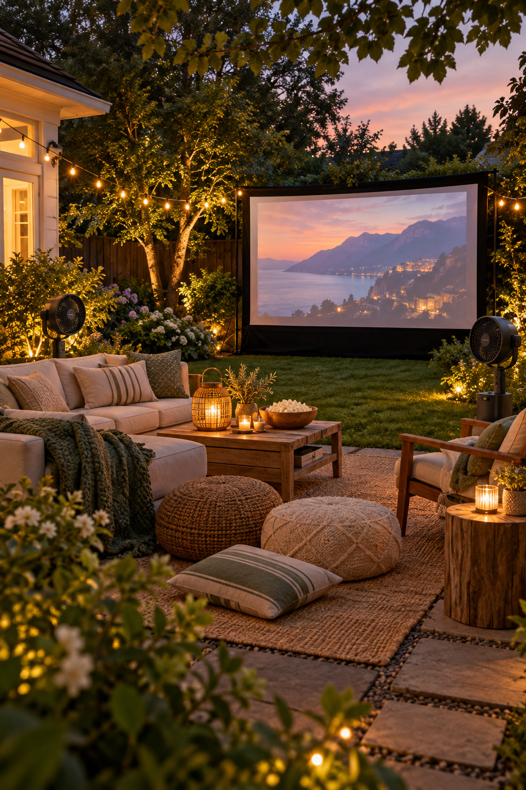 Keep Bug-Repelling Fans Nearby for a magical garden movie night