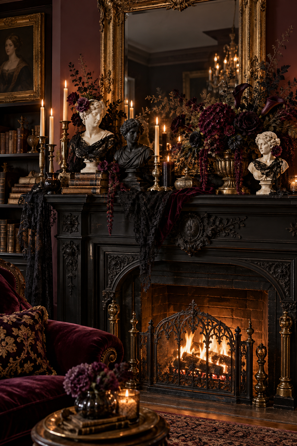 Add Small Classical Busts styled as gothic Victorian Halloween mantel ideas
