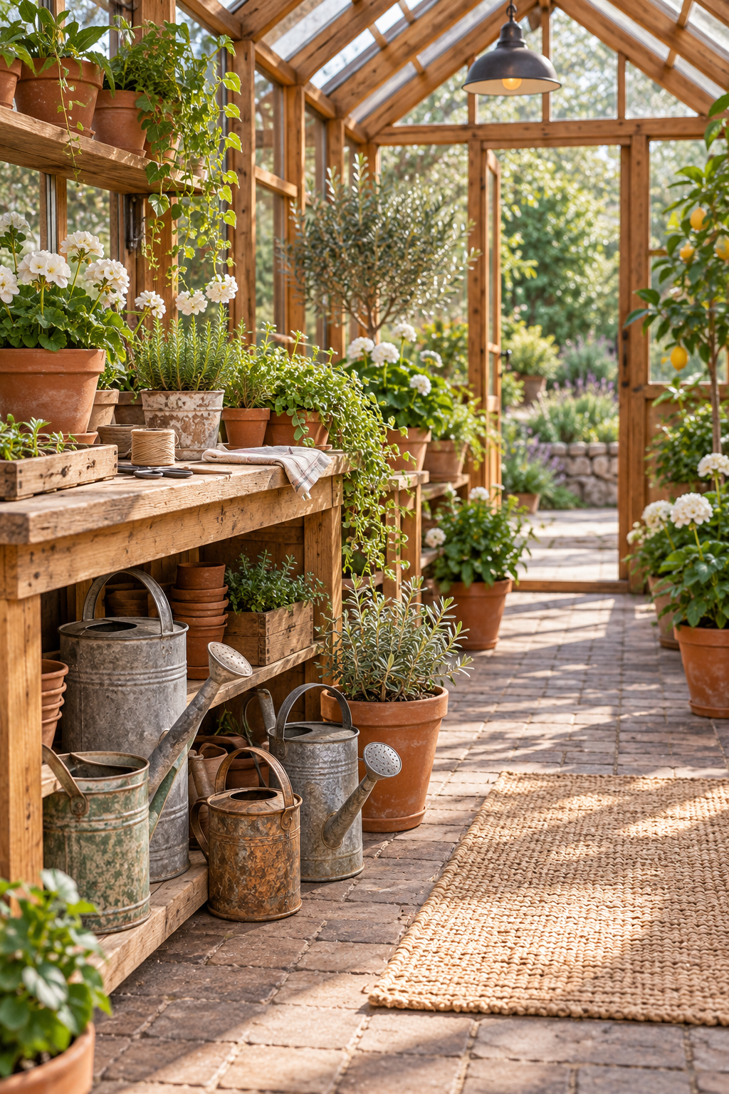 Display Vintage Watering Cans inside a beautiful garden greenhouse