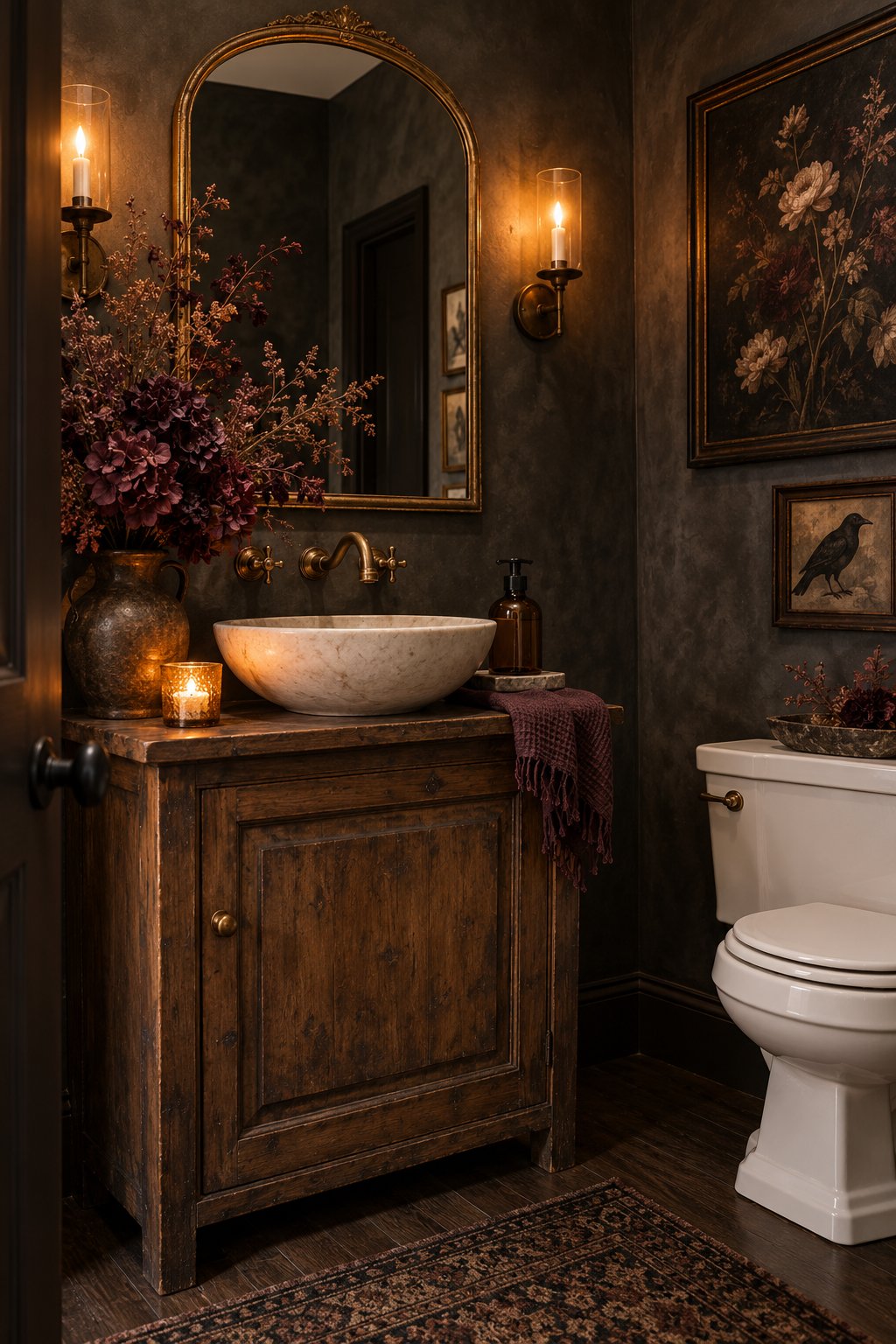 Create a Dark Cottage Powder Room styled as Halloween bathroom decor ideas
