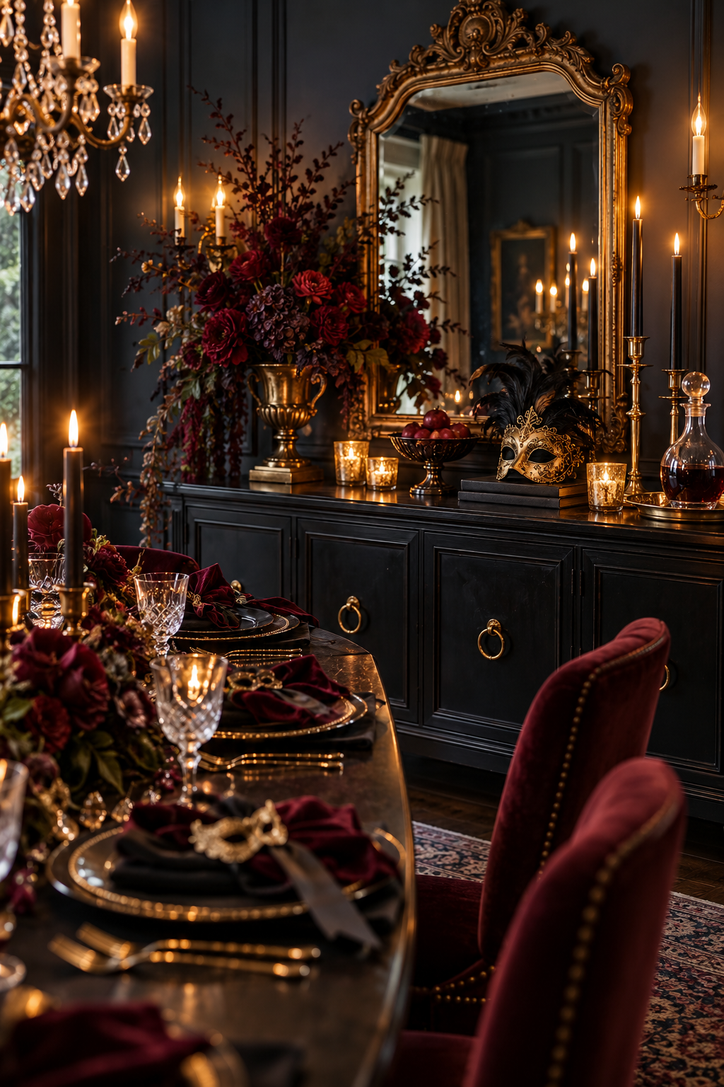 Style a Dramatic Sideboard styled as Halloween masquerade tablescape ideas
