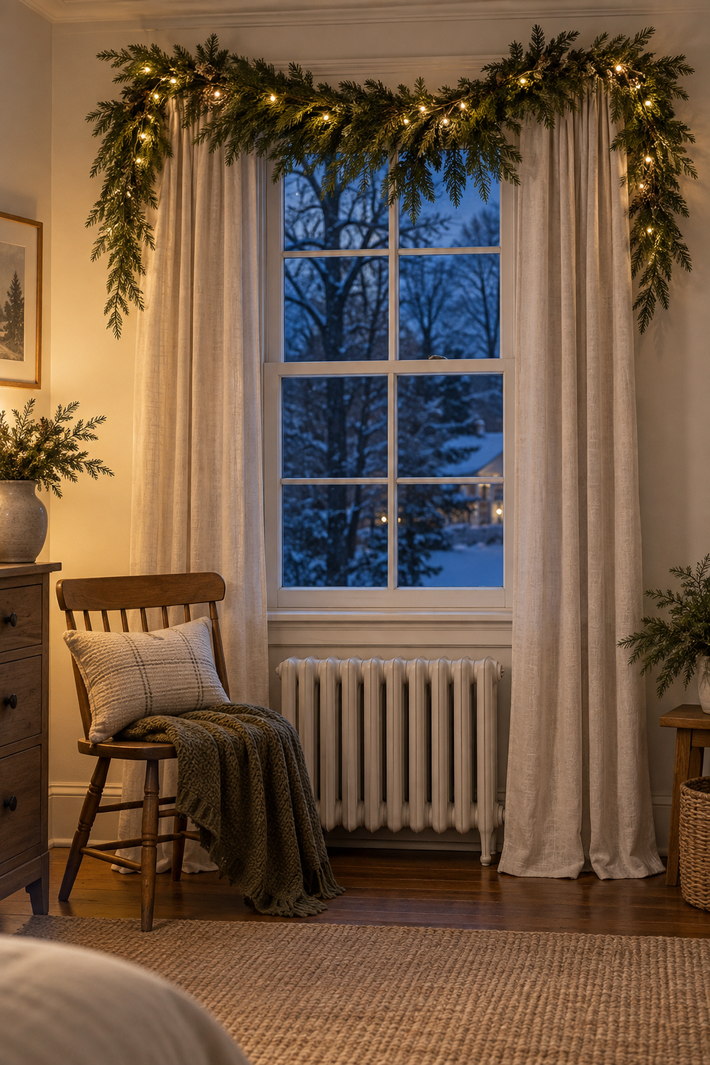 Christmas window with simple evergreen swag, linen ribbon and warm lights