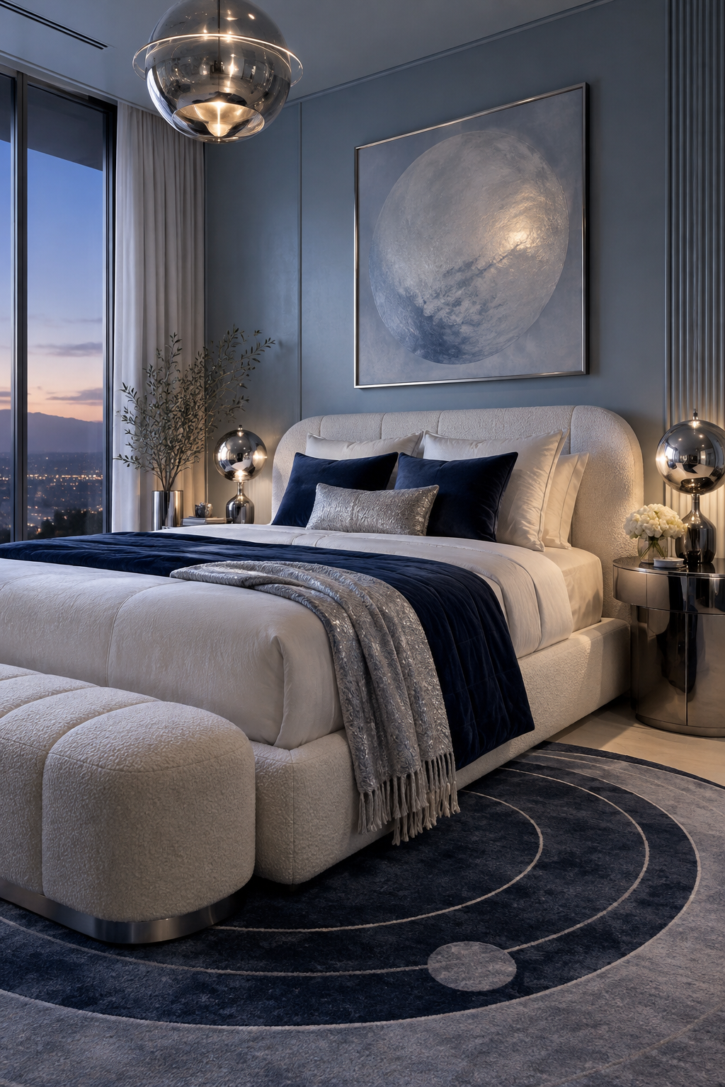 Pearl guest bedroom with curved furniture and subtle silver details