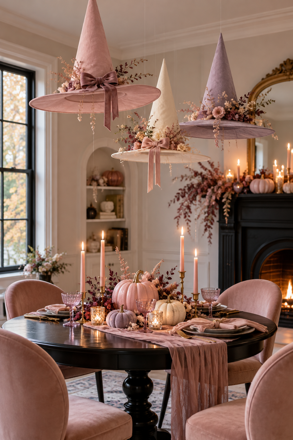 Add Pastel Witch Hats above a Table styled as pink Halloween decor ideas