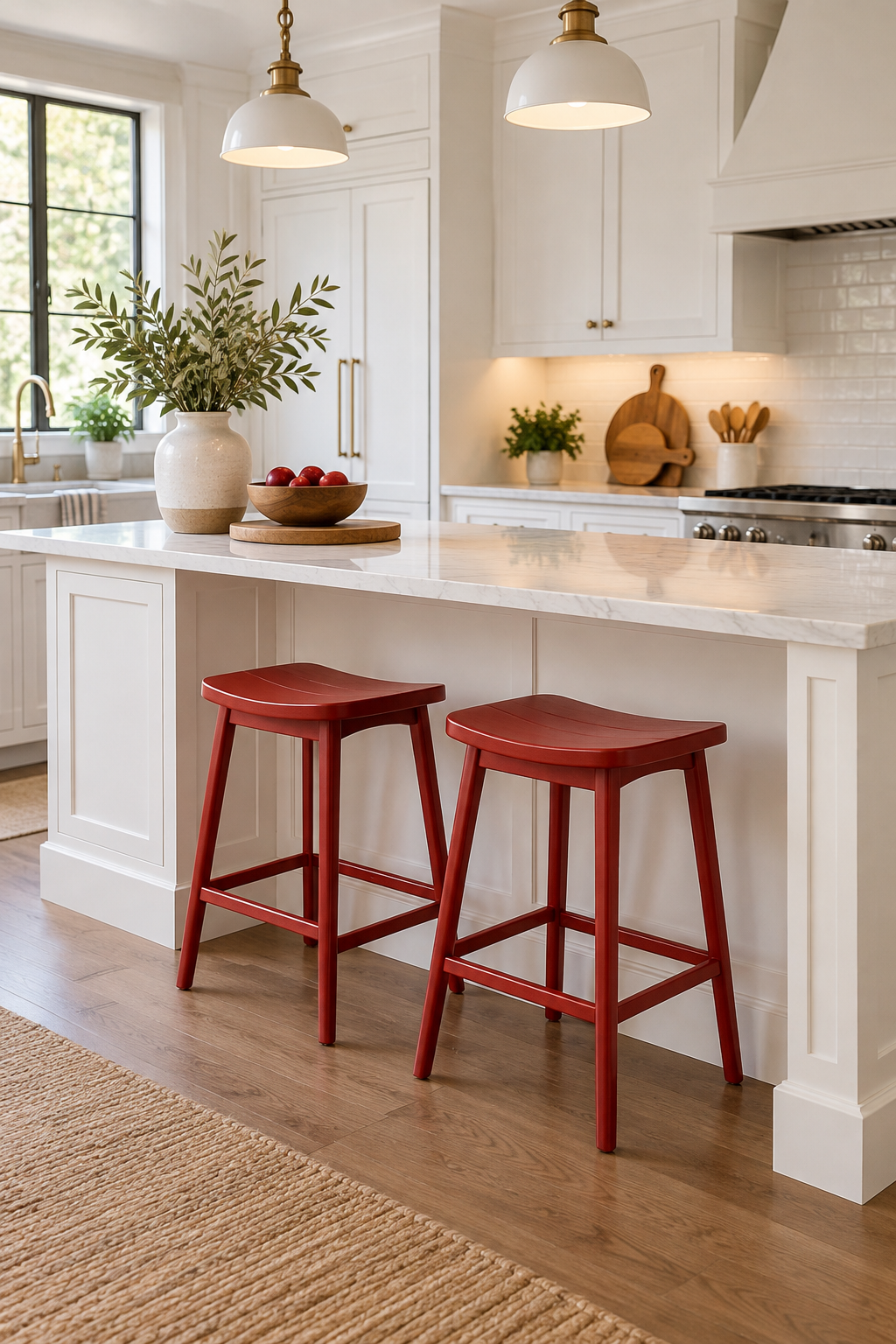 Use Red Kitchen Stools against White Cabinets