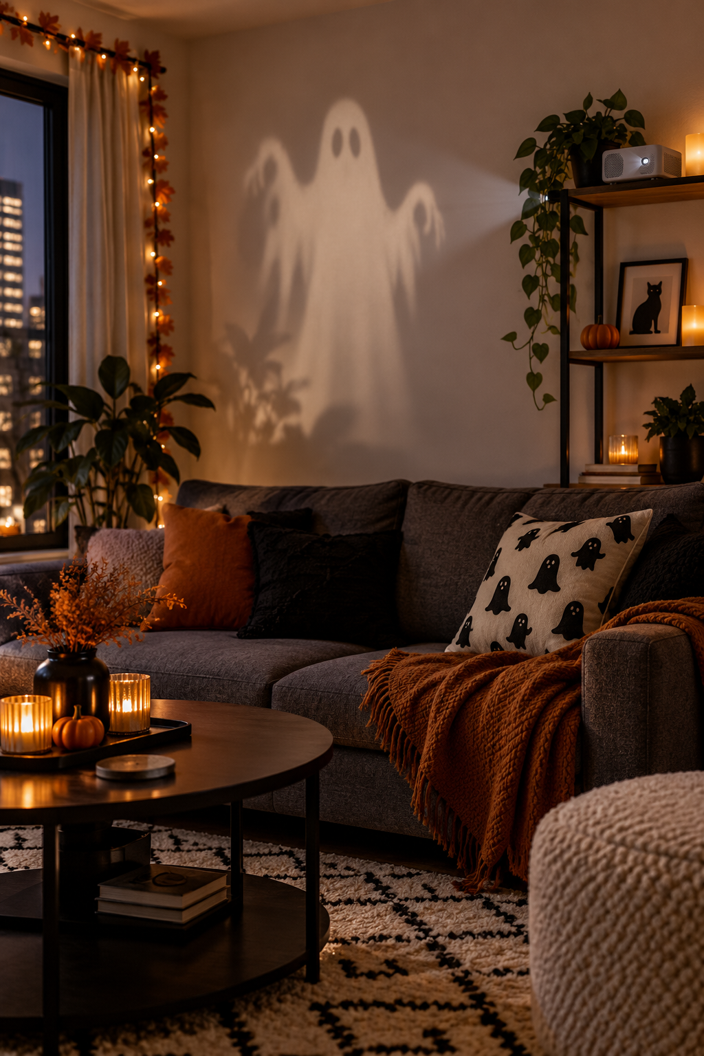 Use a Projector instead of Large Props styled as Halloween apartment decor ideas