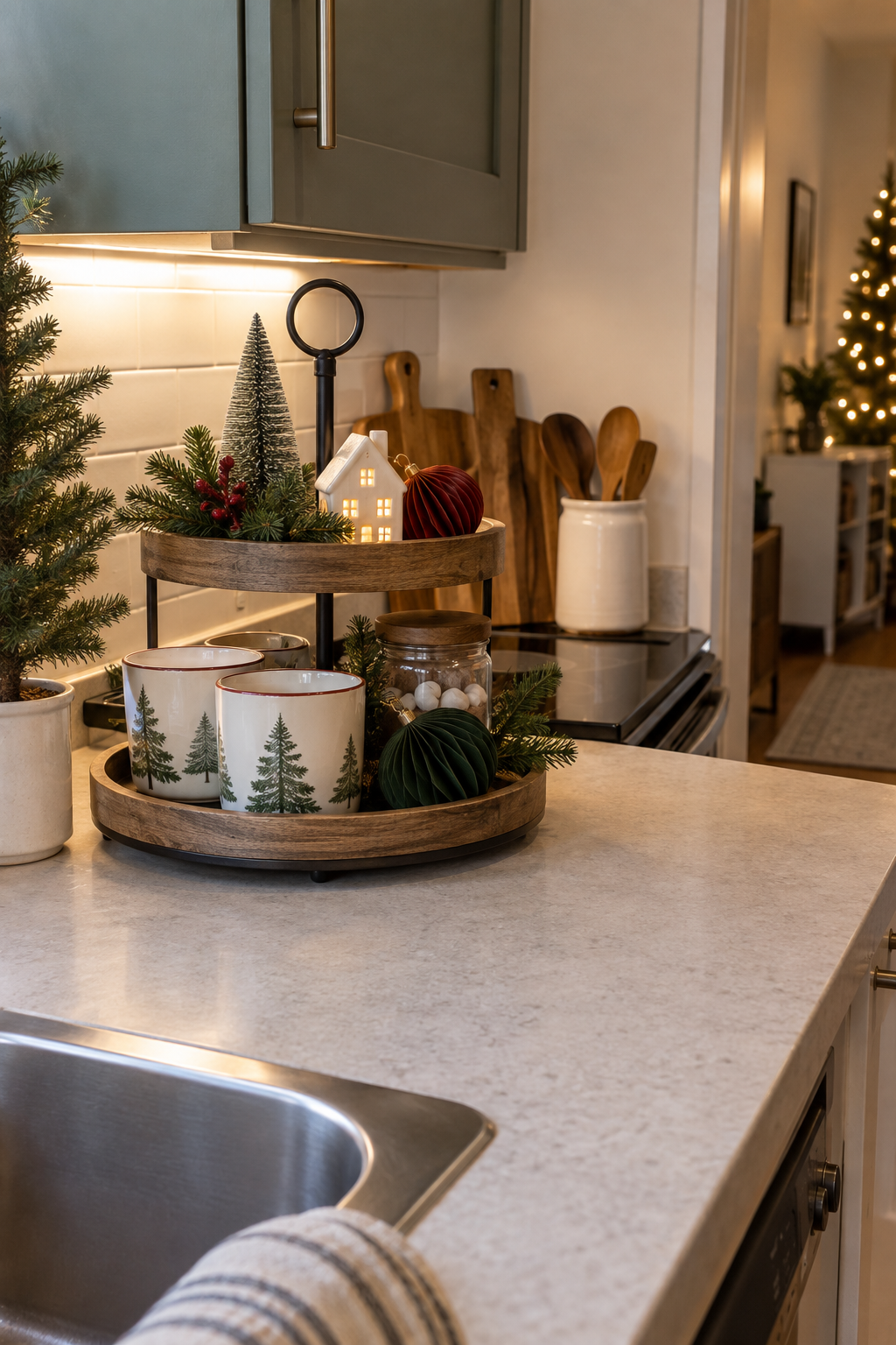 Use a tiered tray for compact Christmas decor