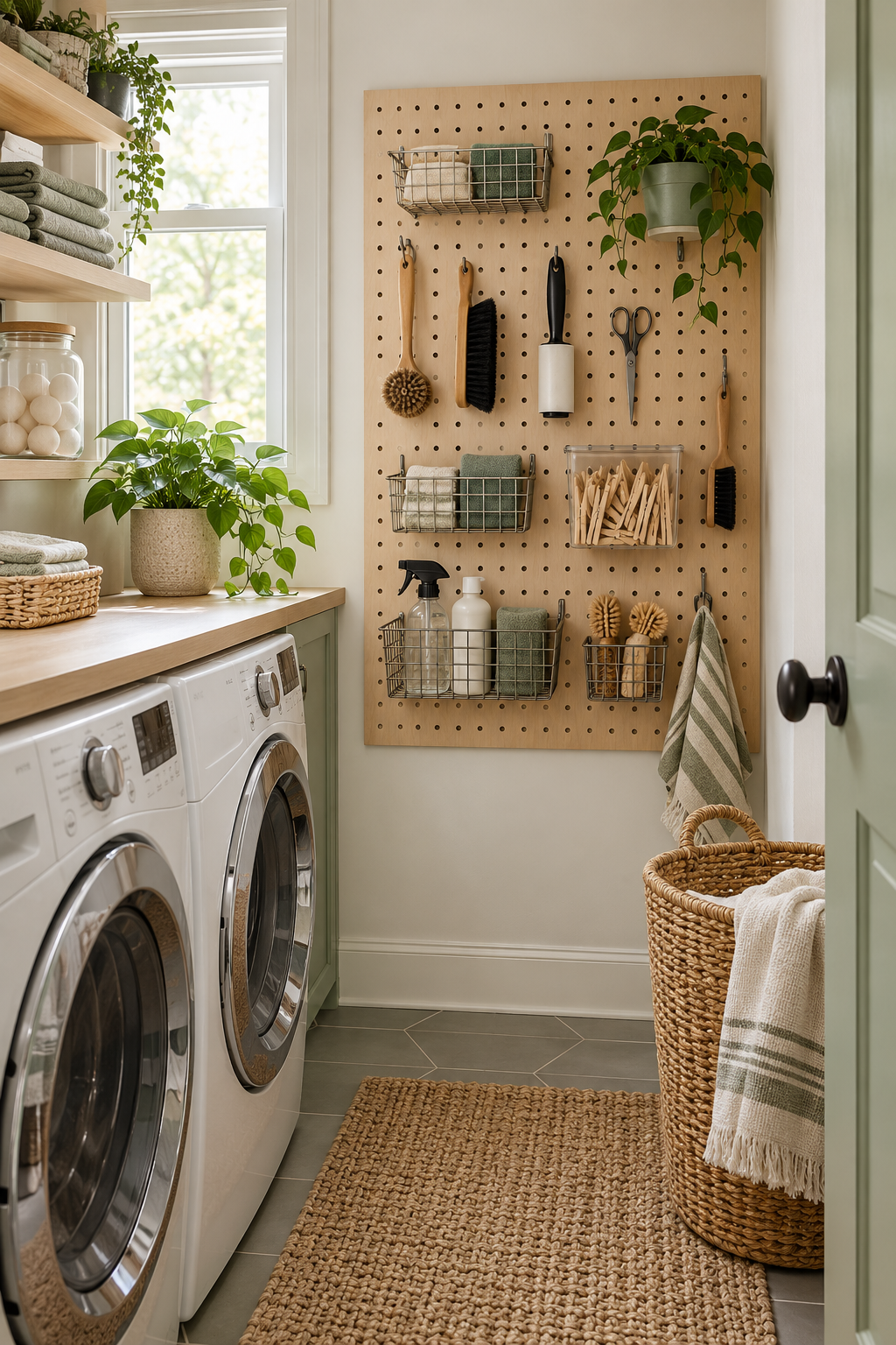 Install Pegboard for Flexible Tool Storage in a compact organized laundry room