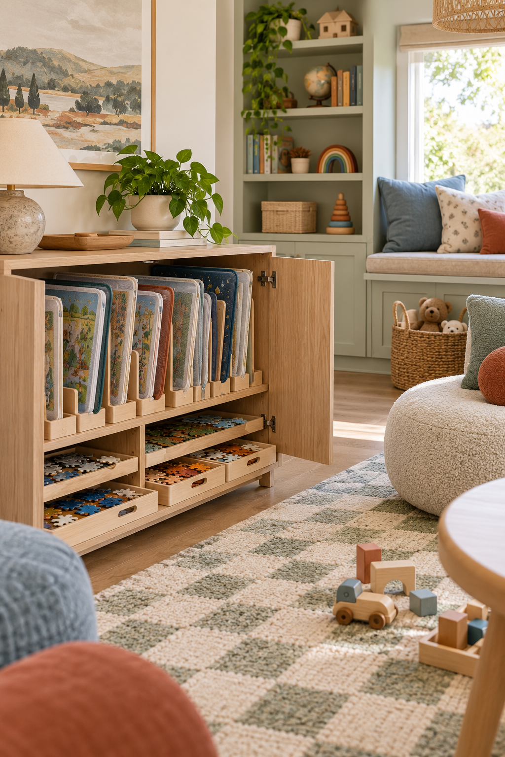 Create Puzzle Storage That Protects Pieces in a stylish organized playroom