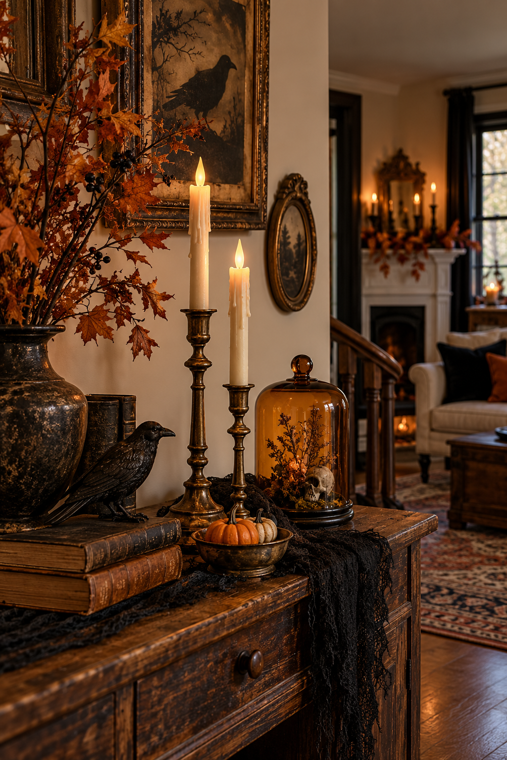 Add Brass Candlesticks and Dripping Wax styled as vintage Halloween decor ideas