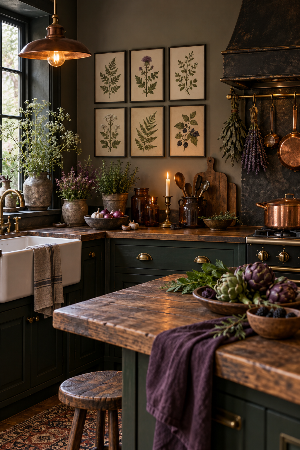 Add Botanical Prints in Dark Frames styled as witchy kitchen decor ideas