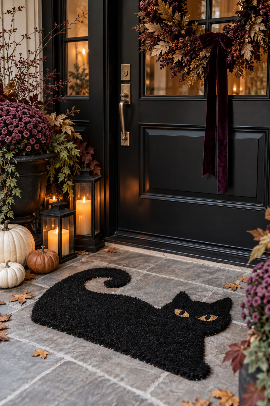Add a Cat-Shaped Doormat styled as black cat Halloween decor ideas