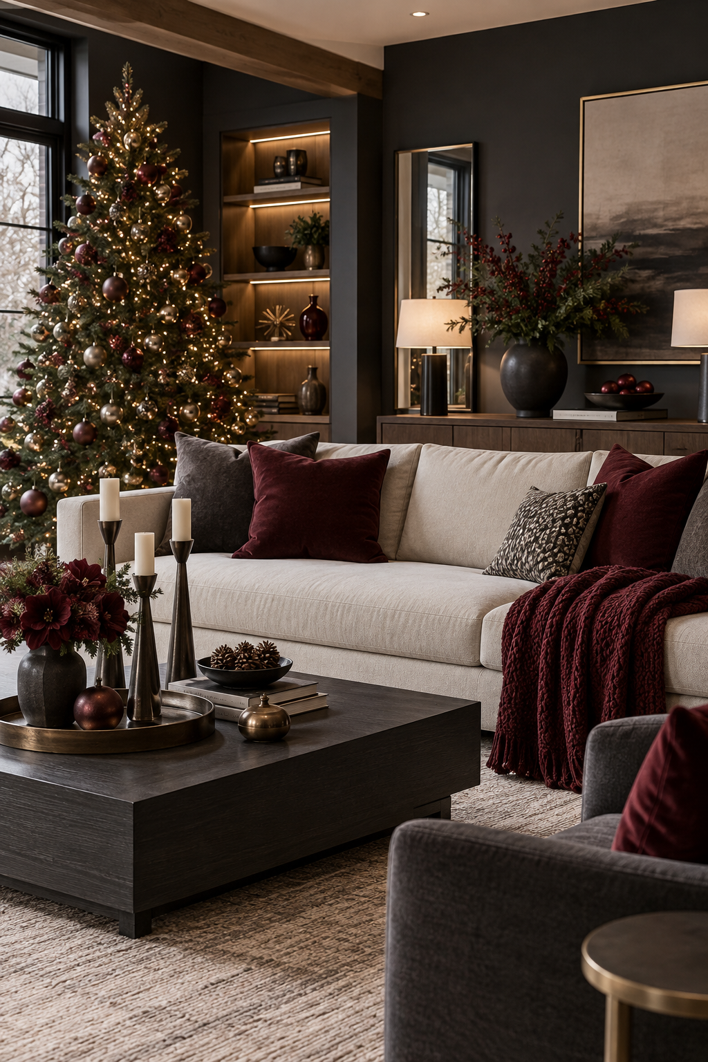 Modern burgundy and charcoal Christmas living room with minimal ornaments