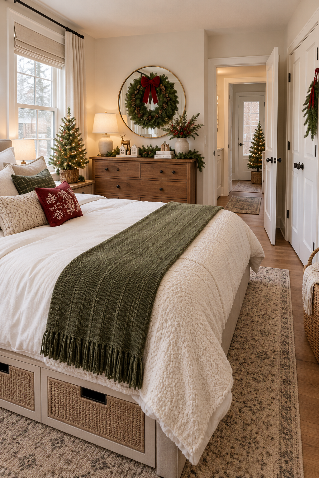 Small apartment Christmas bedroom using wall wreath, mini tree and under-bed storage
