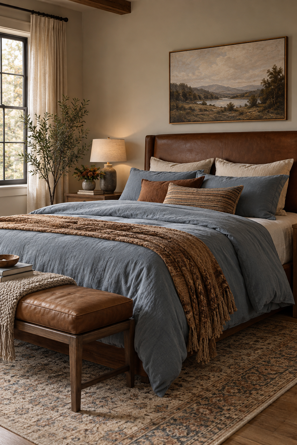 Dusty blue and brown fall bedroom