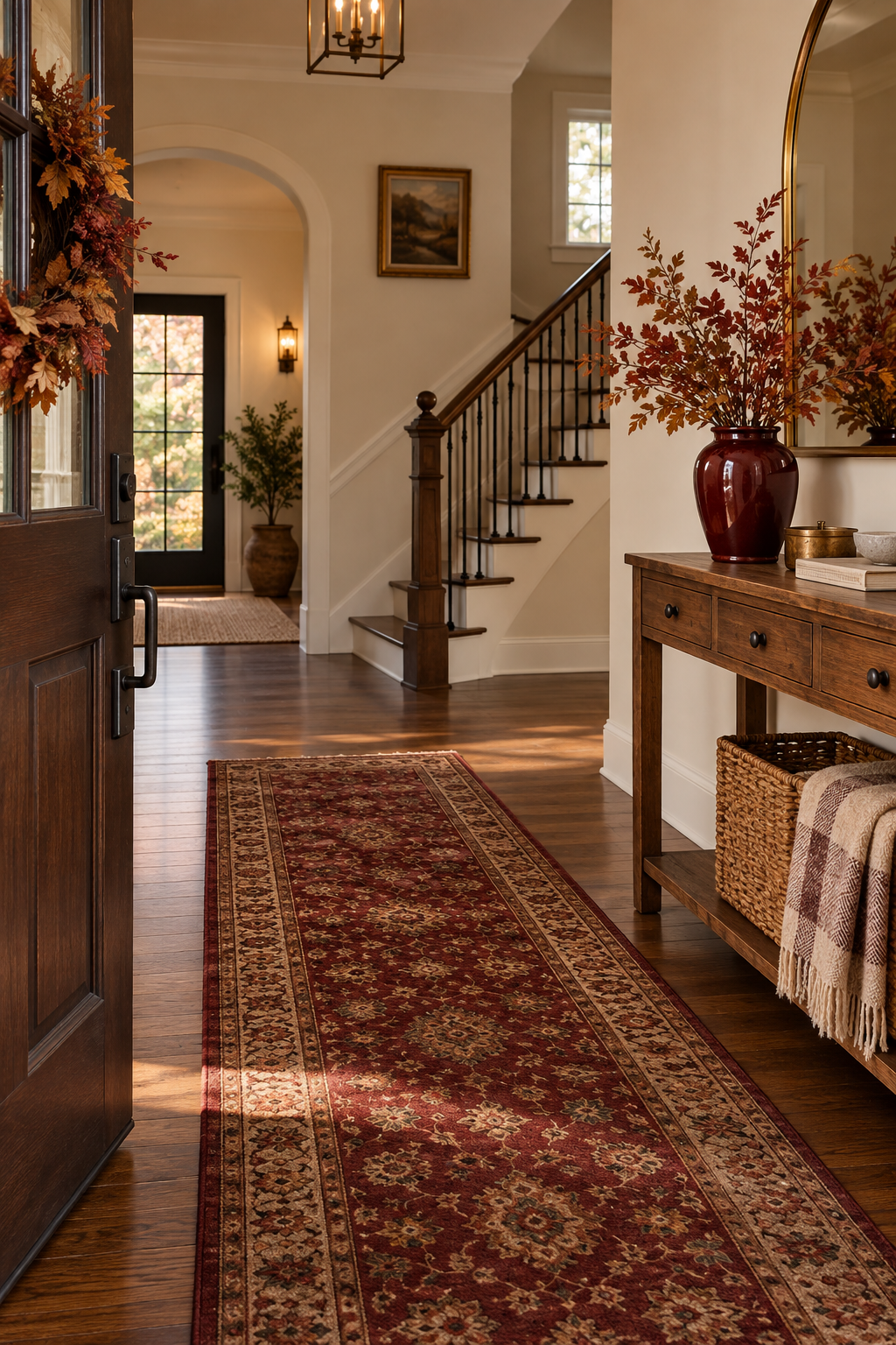 Burgundy accents in elegant fall foyer