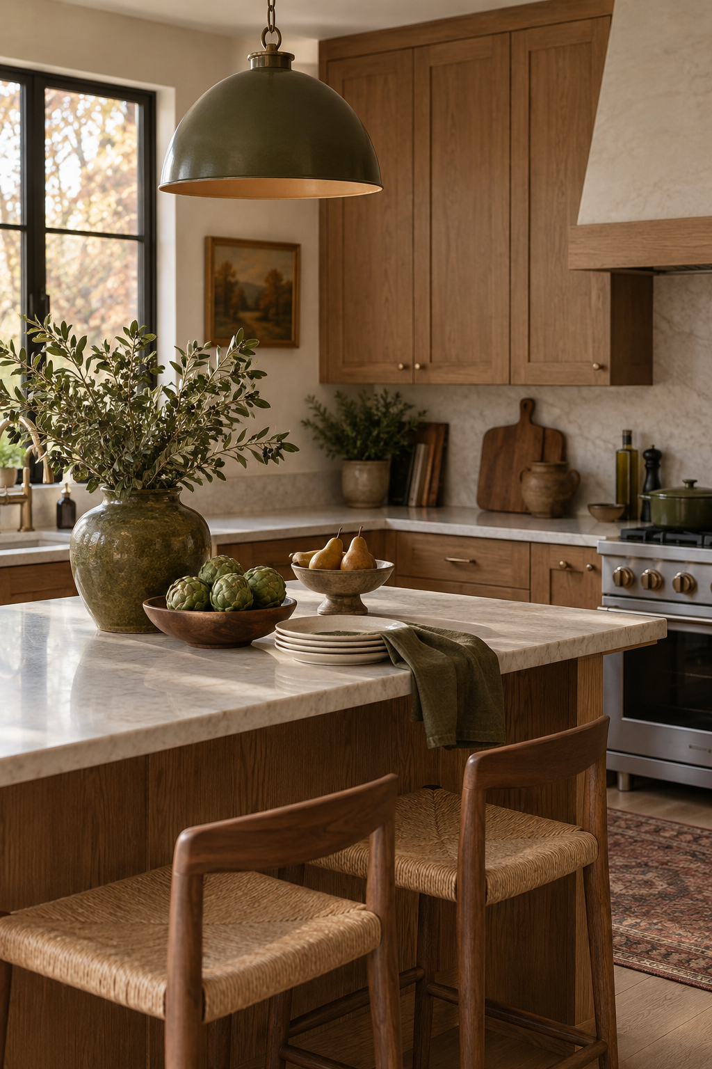 Olive green and warm wood kitchen