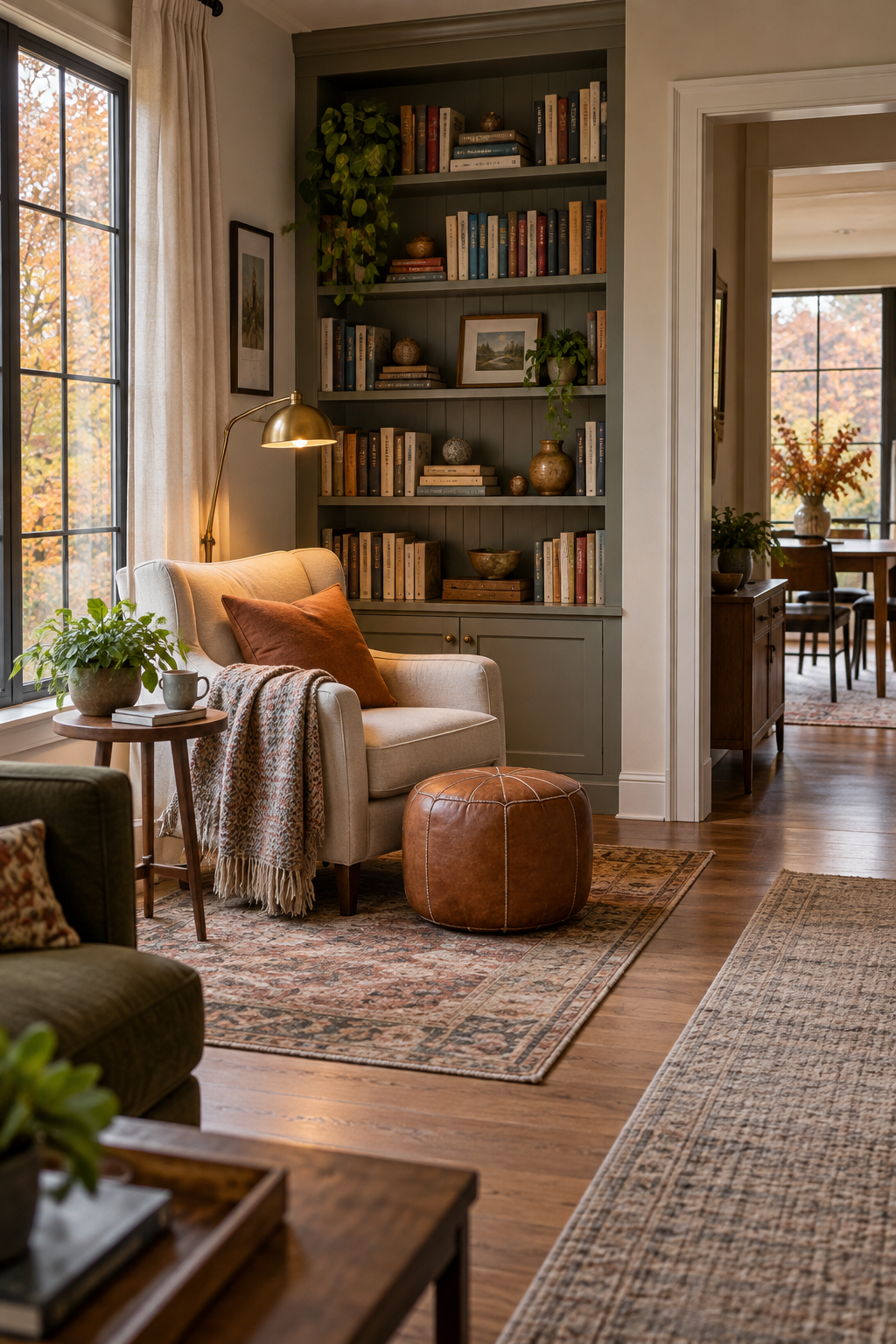 Living room reading zone with a bookcase