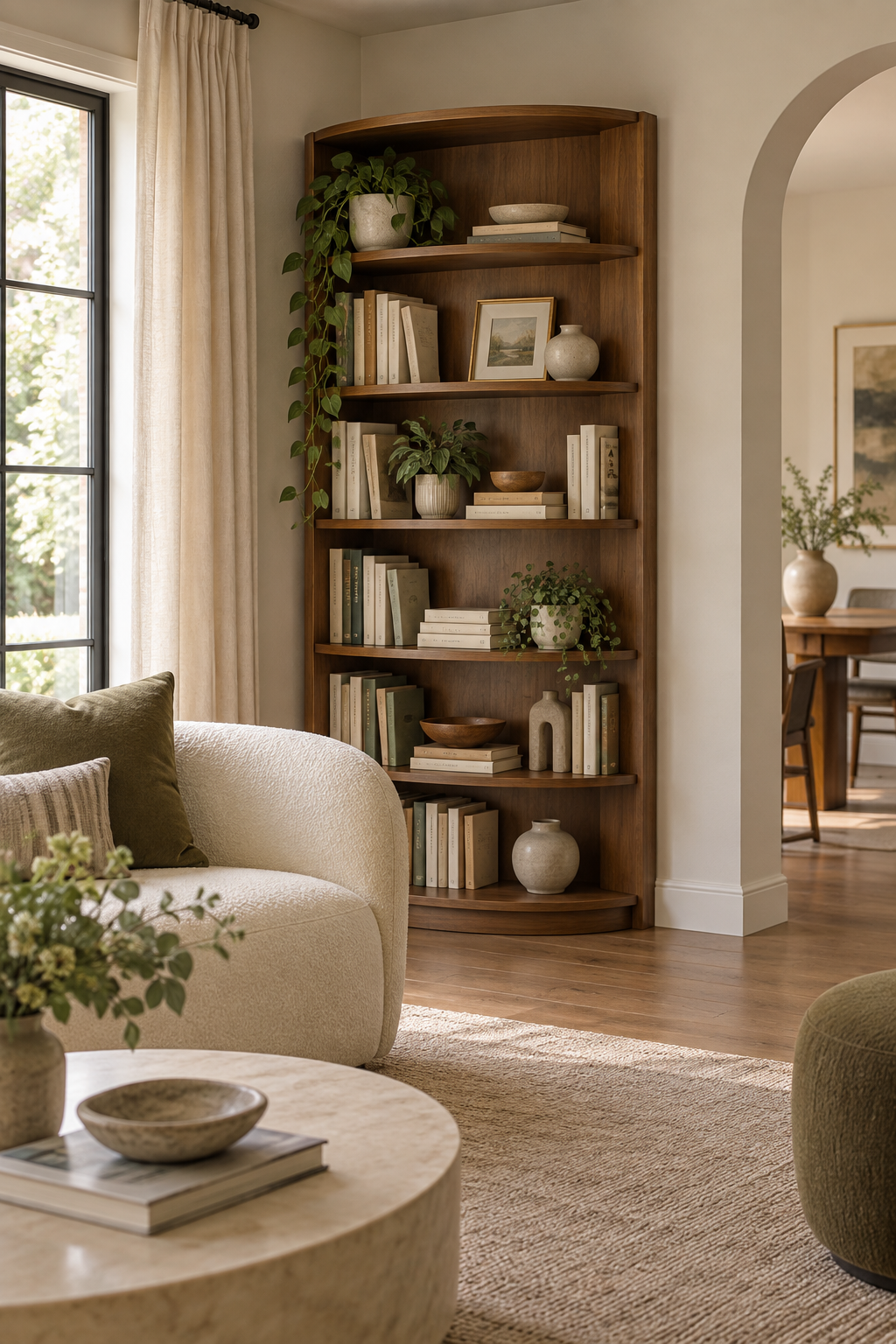 Add a Curved Bookcase to Soften a Wall