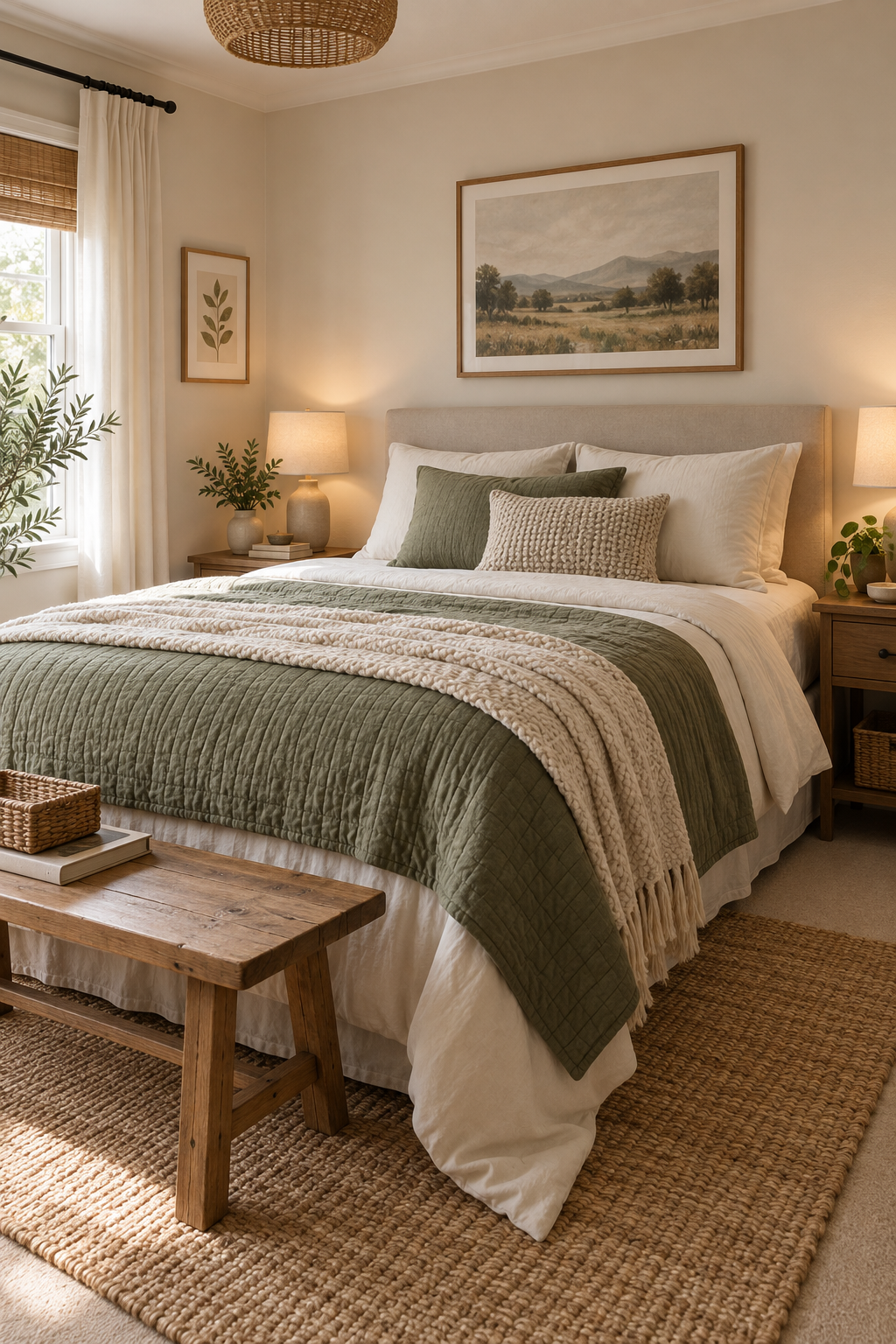 A restful first-home bedroom with simple layered bedding