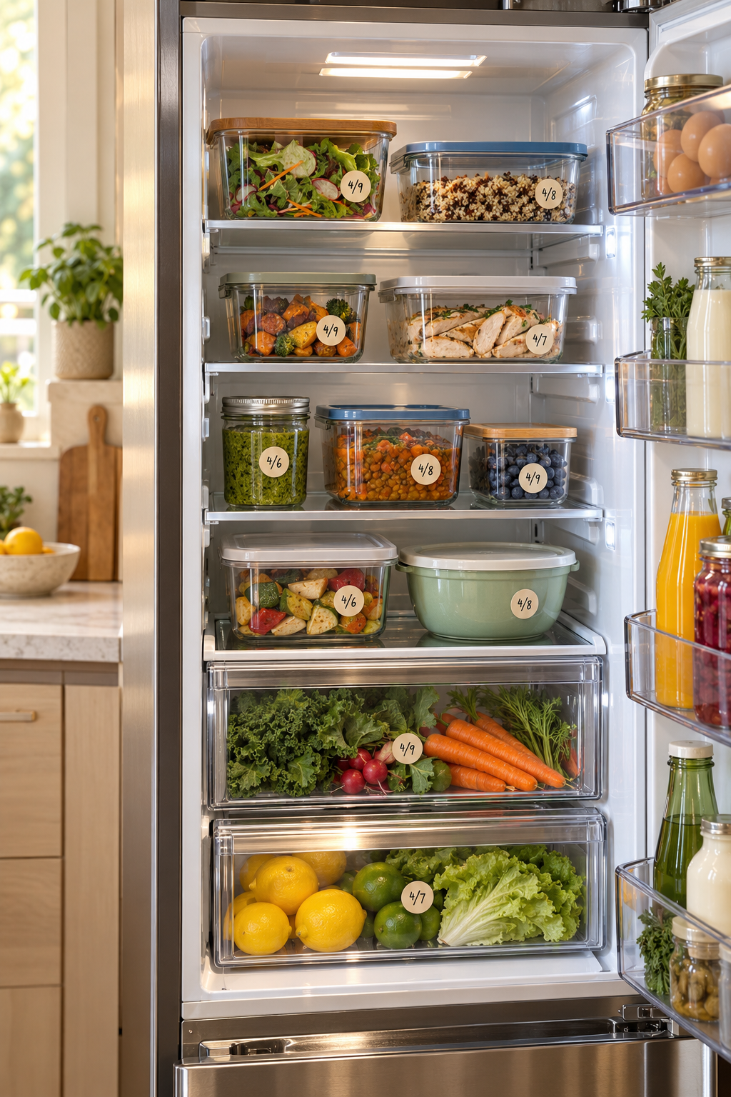 Label Containers with Dates in a clean organized refrigerator