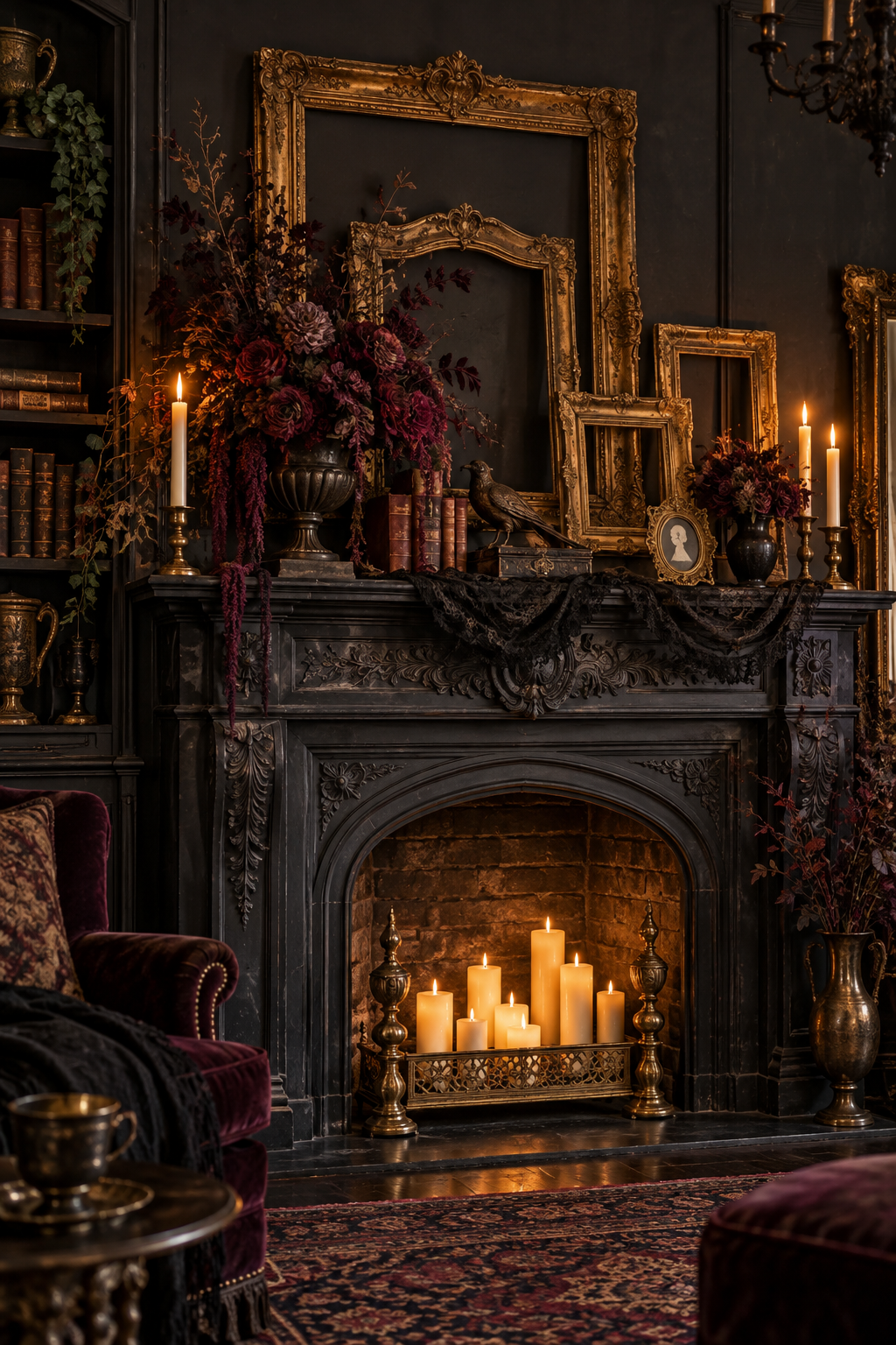 Layer Empty Gilded Frames styled as gothic Victorian Halloween mantel ideas