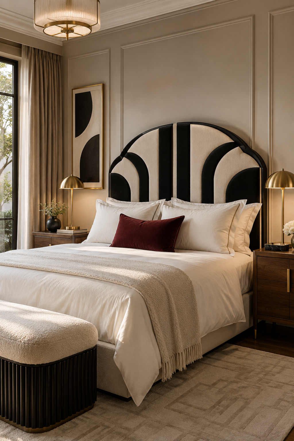 Guest bedroom with a black and cream geometric headboard and brass bedside lamps