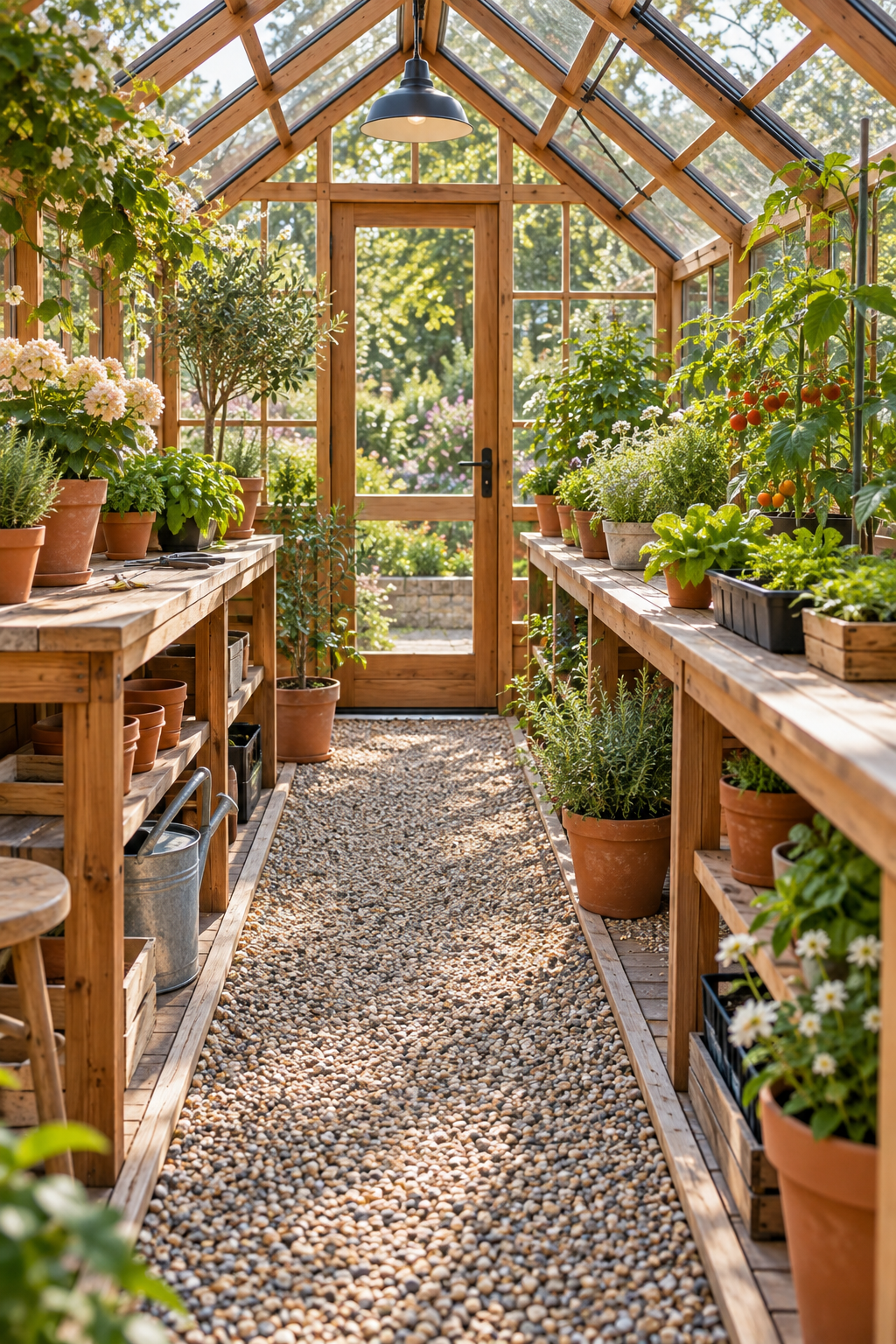 Add a Narrow Gravel Aisle inside a beautiful garden greenhouse