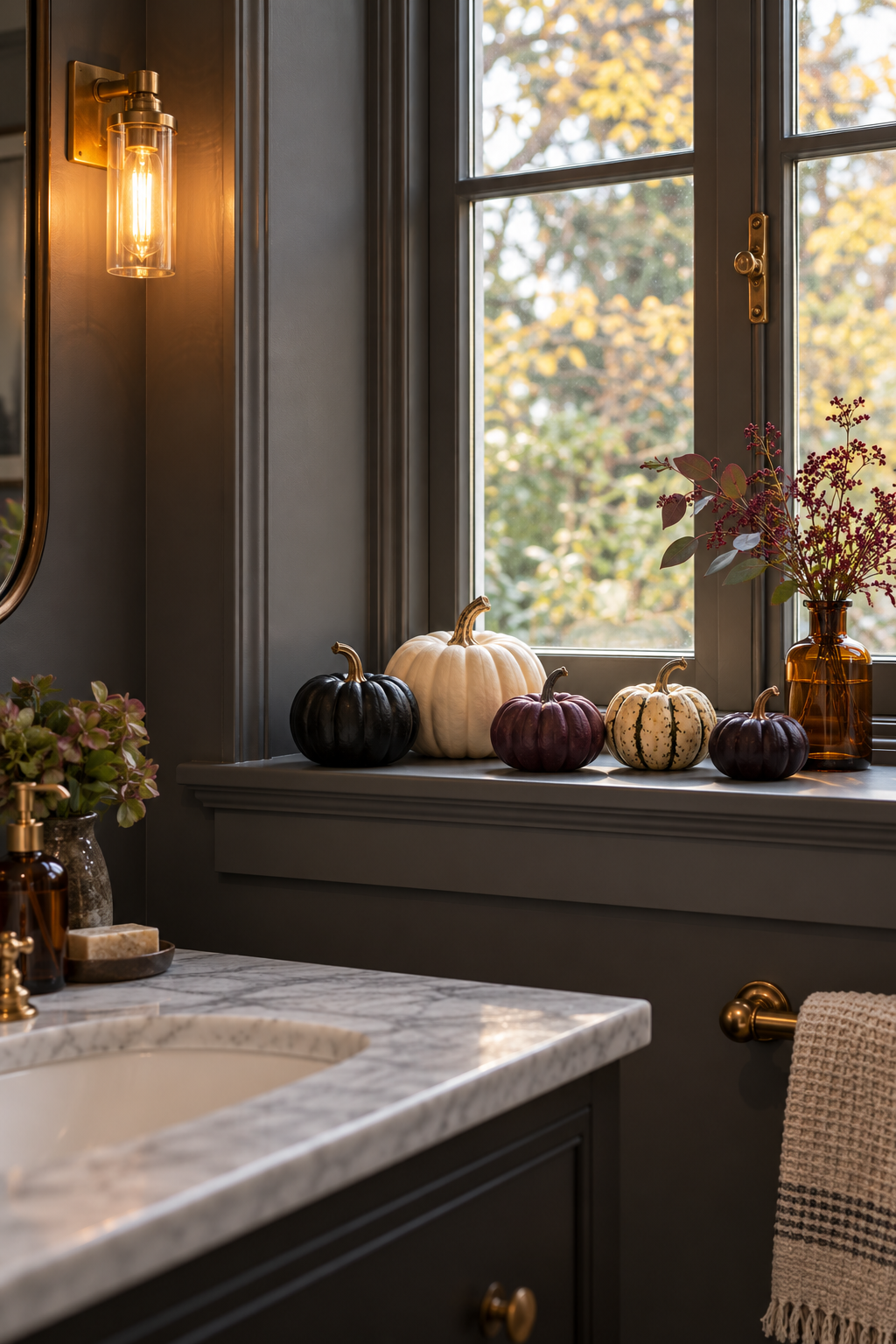 Use Mini Pumpkins on a Window Ledge styled as Halloween bathroom decor ideas