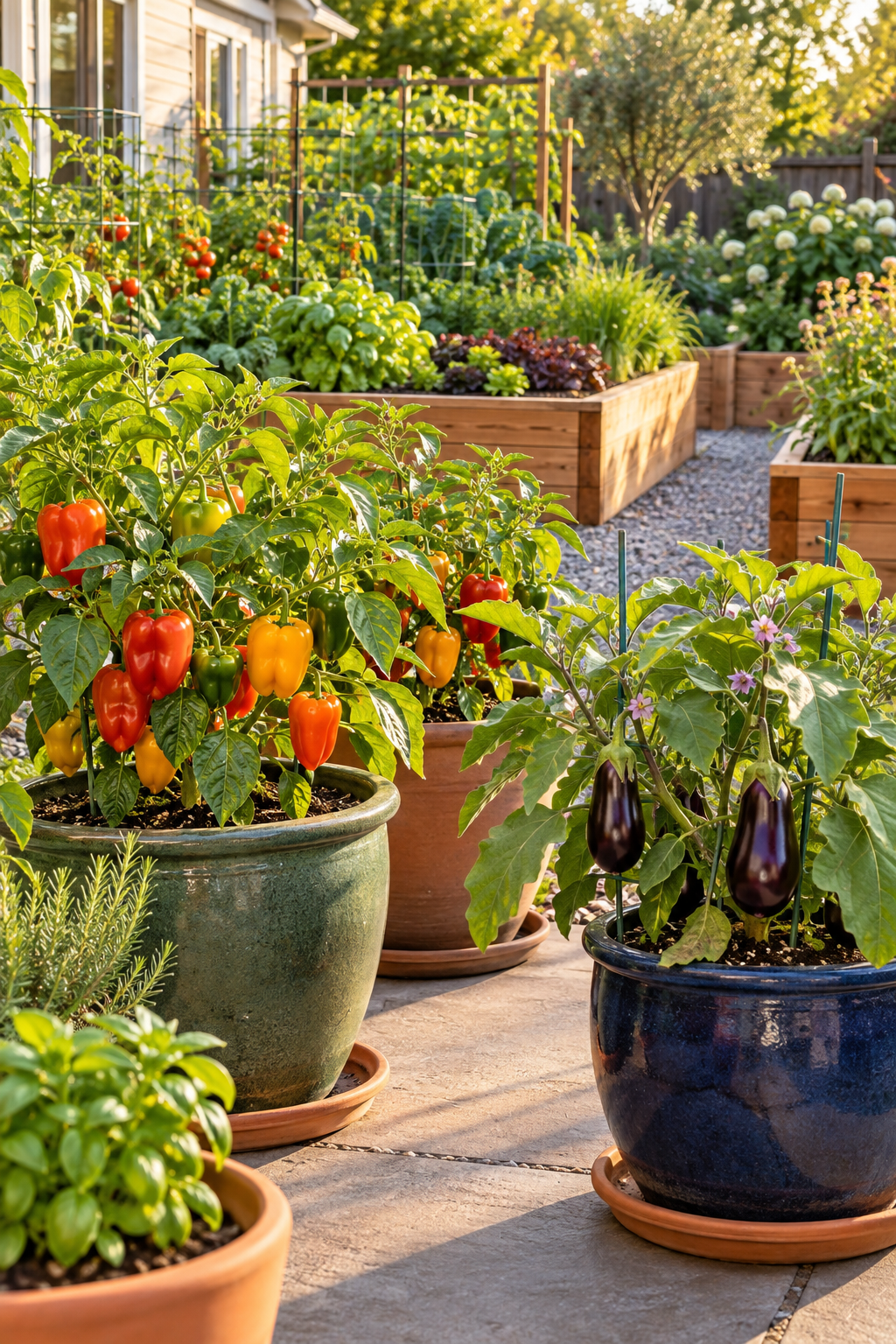 Use Containers for Peppers and Eggplants in a small backyard garden