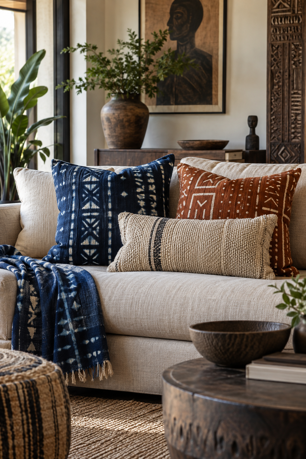 Afrobohemian sofa with indigo, rust and neutral handwoven pillows in mixed patterns