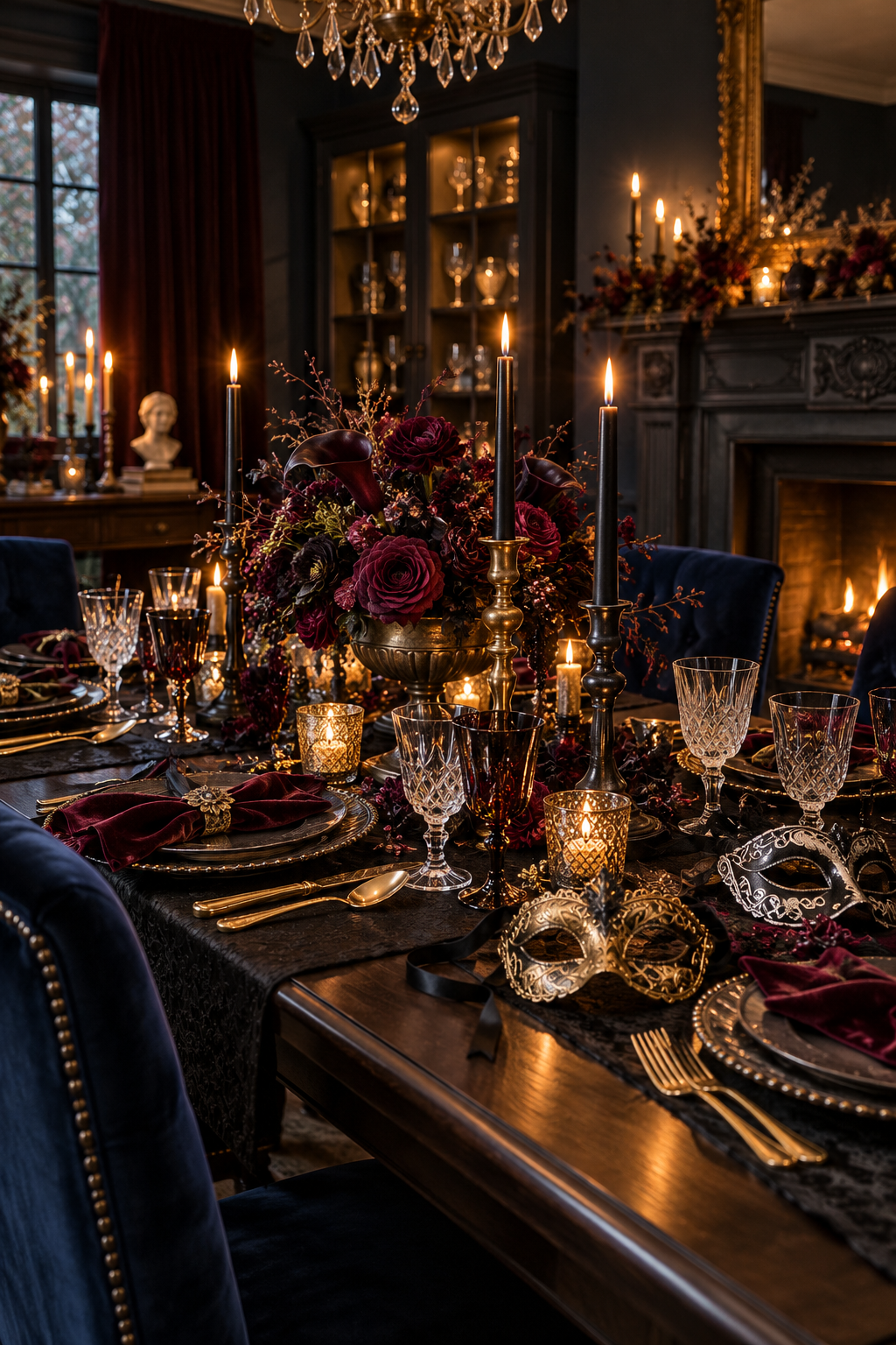 Mix Antique Brass with Blackened Silver styled as Halloween masquerade tablescape ideas