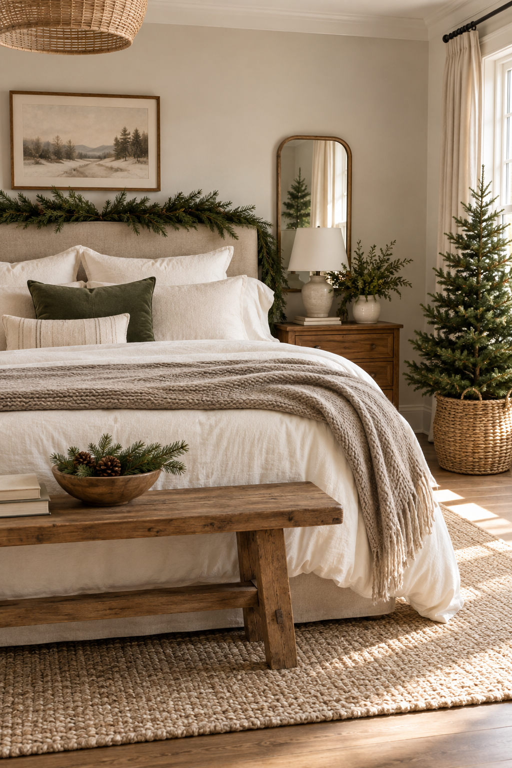 Natural Christmas bedroom with warm neutral bedding, wood bench and small evergreen tree