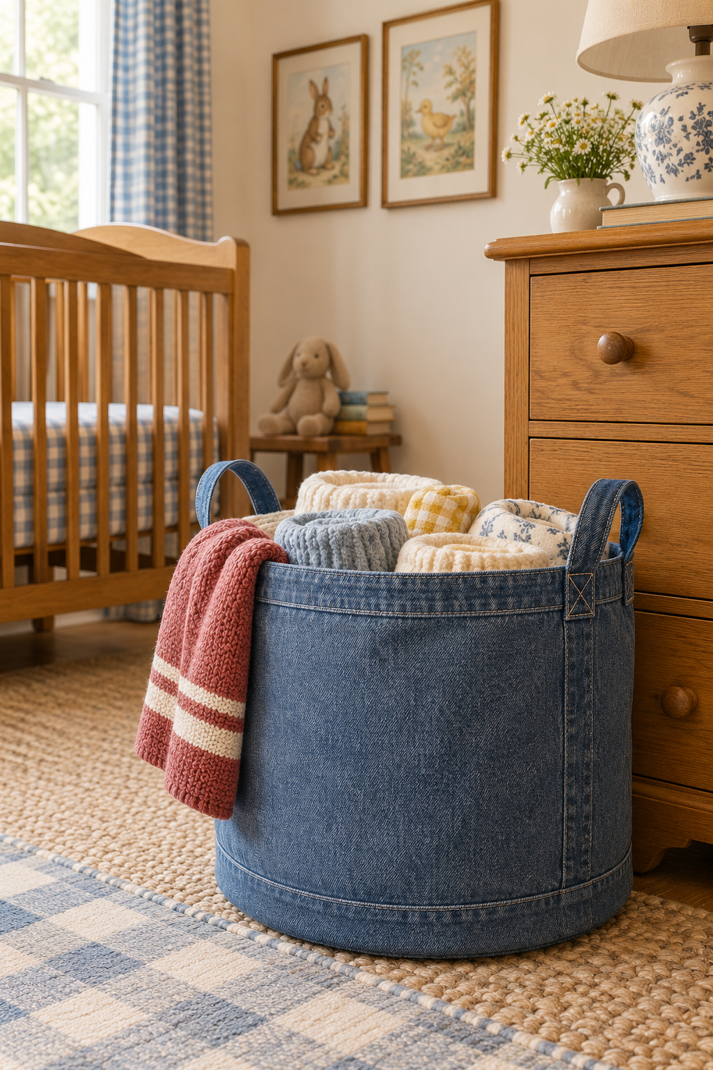 Add a Soft Denim Storage Basket in a nostalgic 90s-inspired nursery