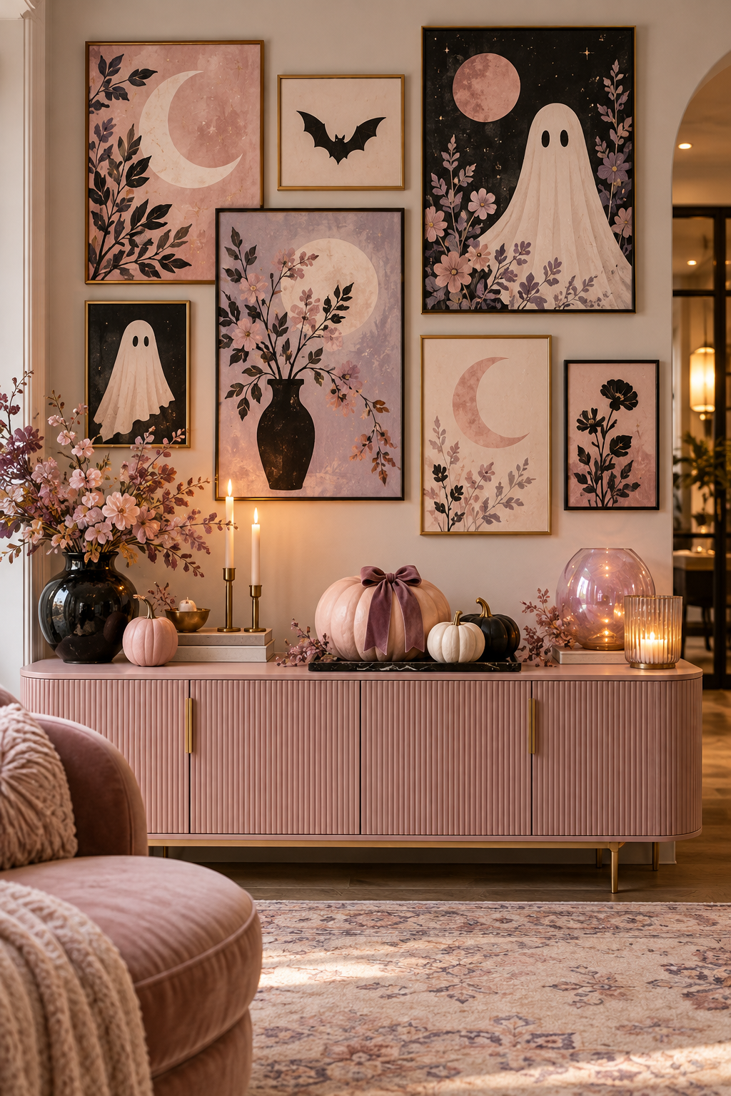 Design a Soft Spooky Gallery Wall styled as pink Halloween decor ideas