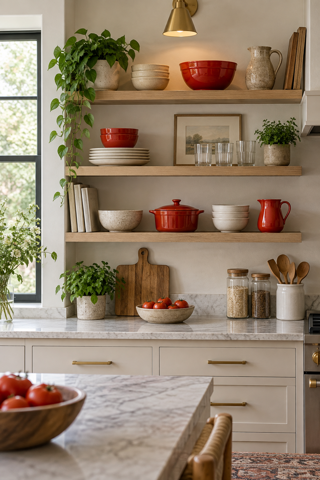 Add Tomato Red Accessories to Open Shelving