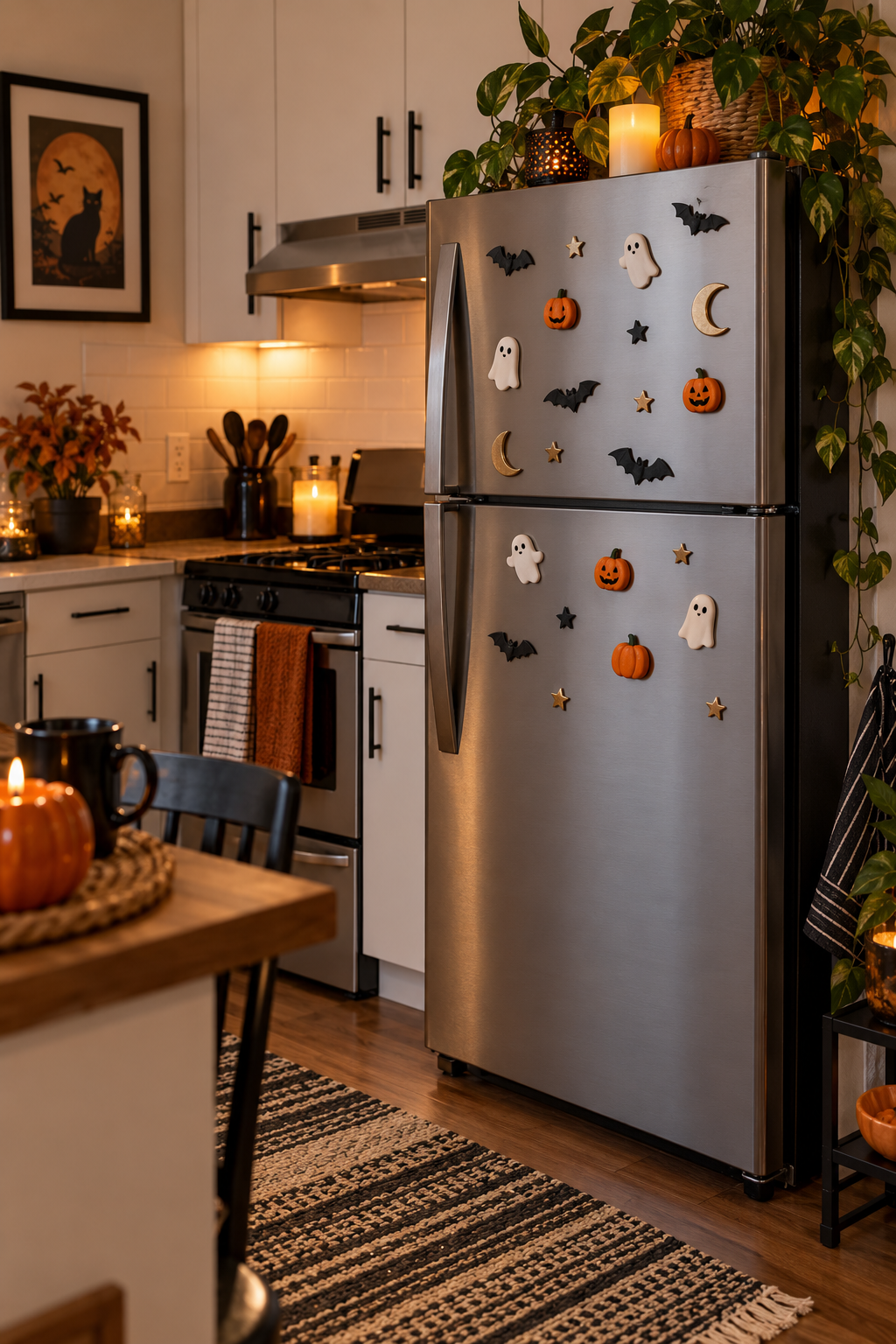 Decorate the Refrigerator with Magnets styled as Halloween apartment decor ideas