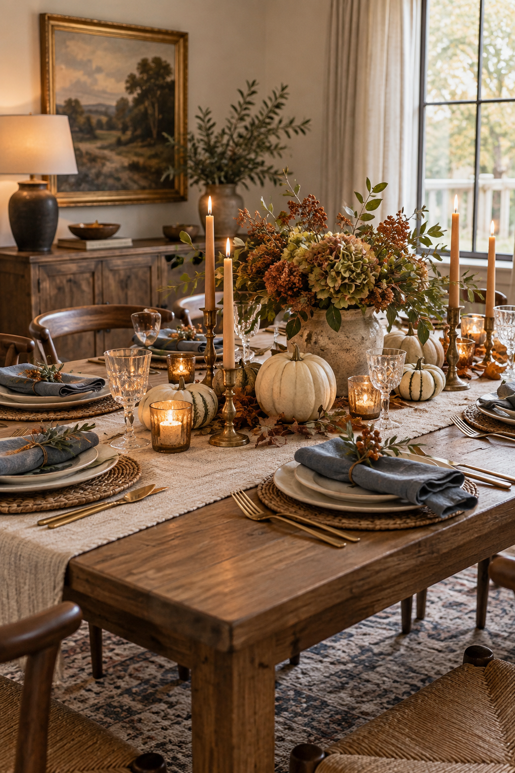 Dusty blue and pale pumpkin fall table