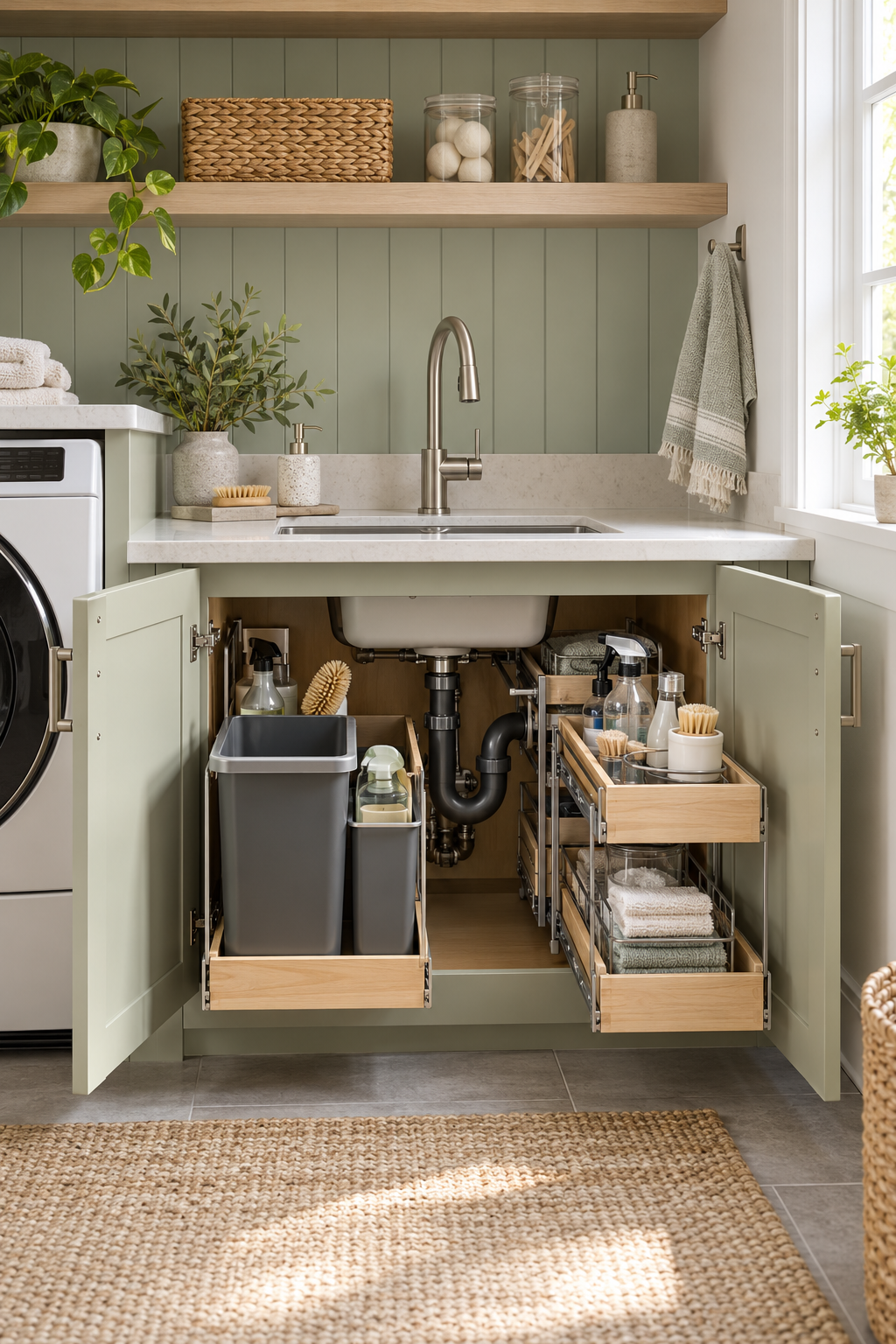 Use a Sink Cabinet Efficiently in a compact organized laundry room
