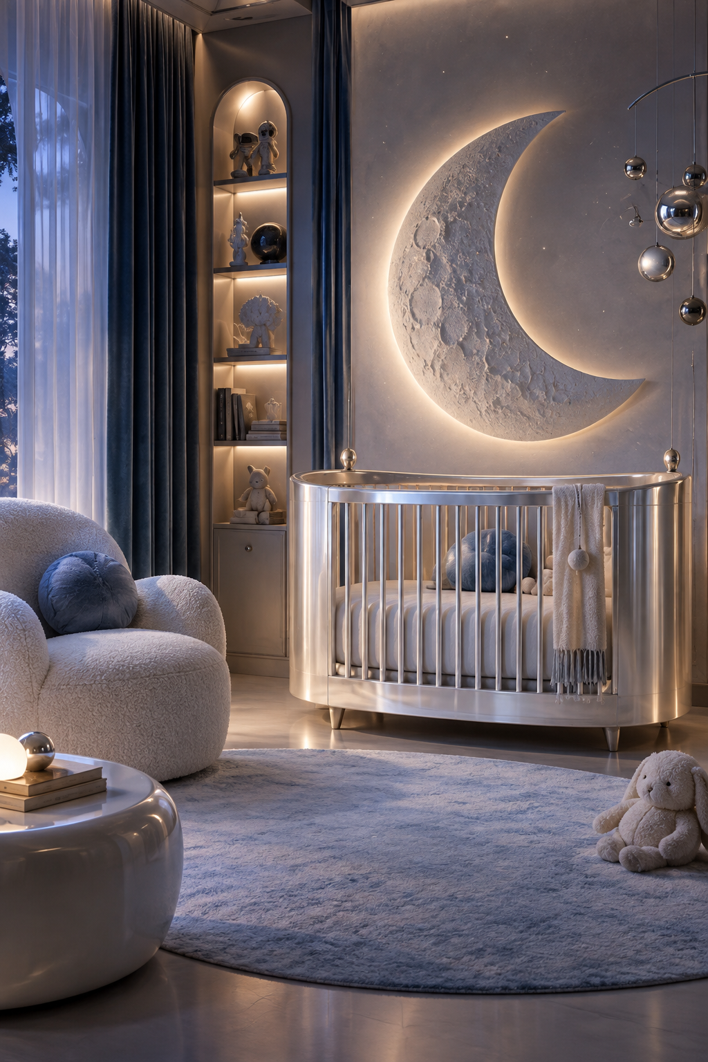 Soft celestial nursery with moonlike shapes and gentle blue accents
