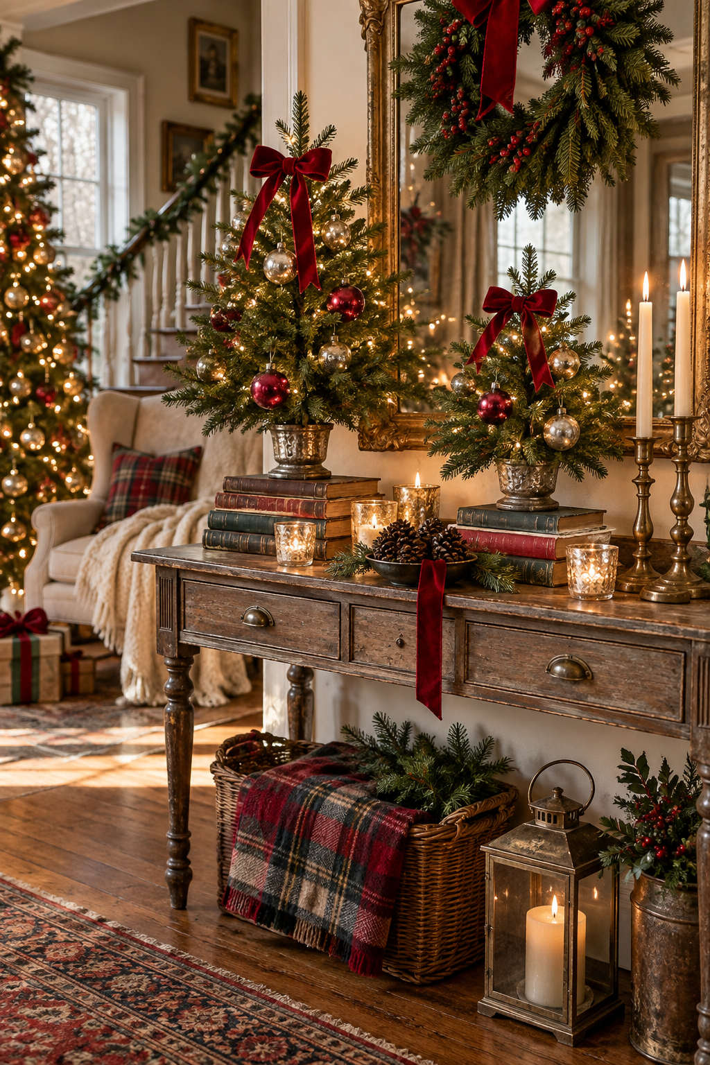 Use Old Books beneath Mini Christmas Trees
