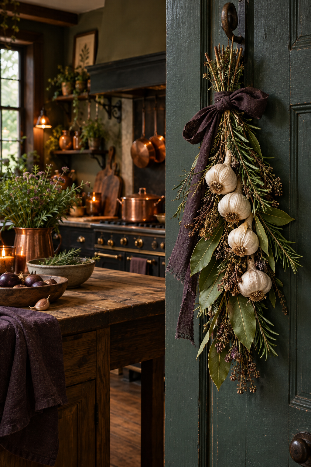 Make a Garlic-and-Herb Door Swag styled as witchy kitchen decor ideas